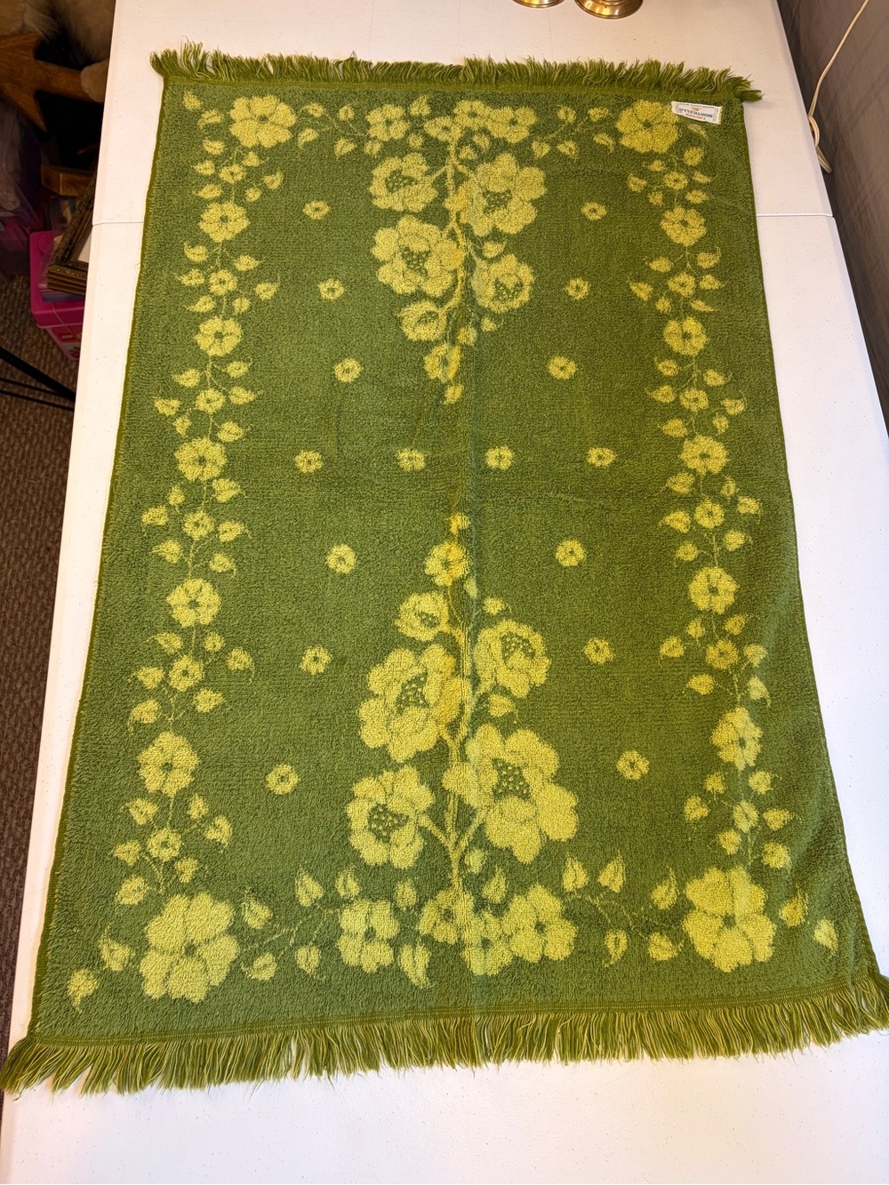 Vintage Mid Century Green Bath Towel Set Fringe Cannon Retro Mod Decor 1970s - Picture 3 of 10